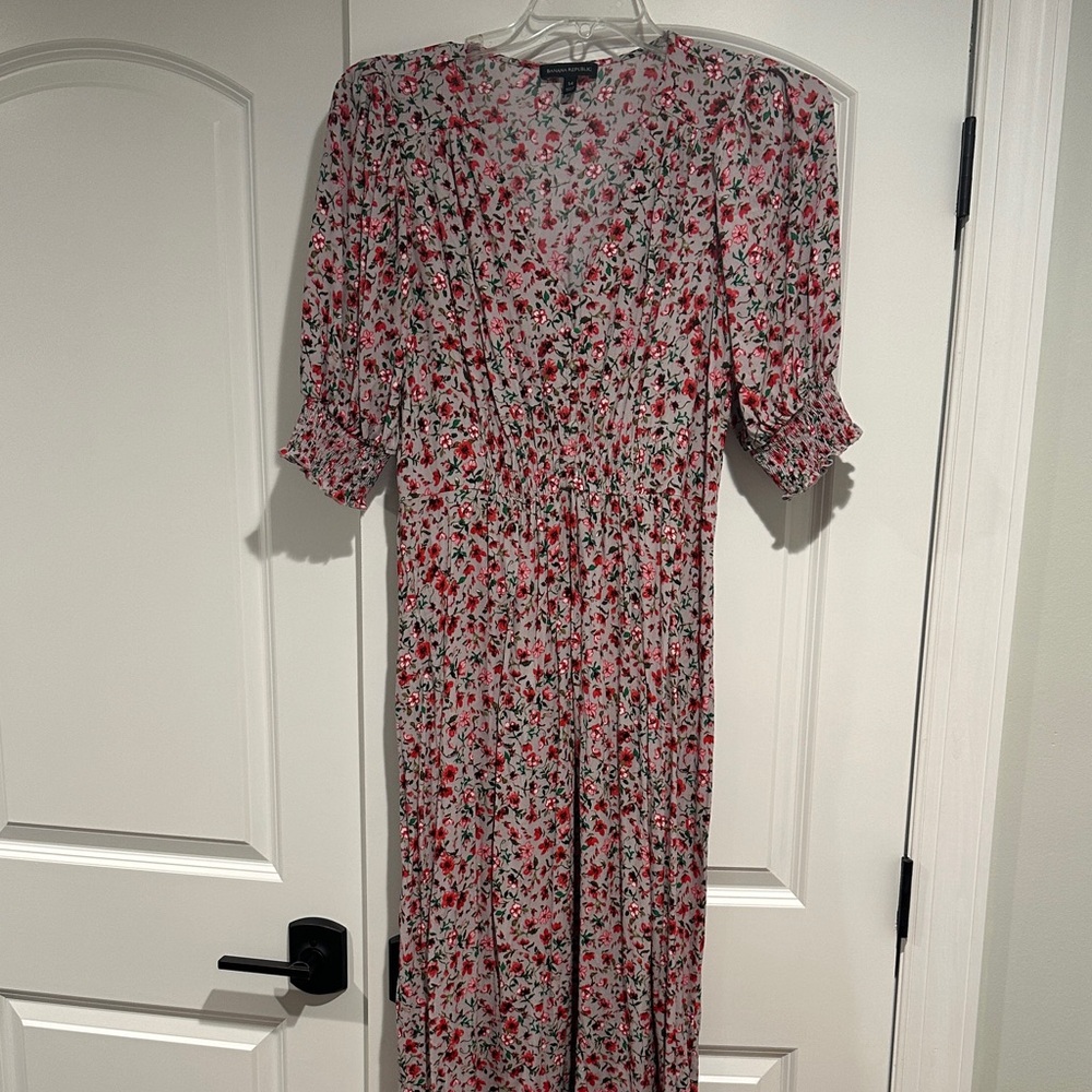 Banana Republic Pink Floral Midi Dress with Red & Green Print